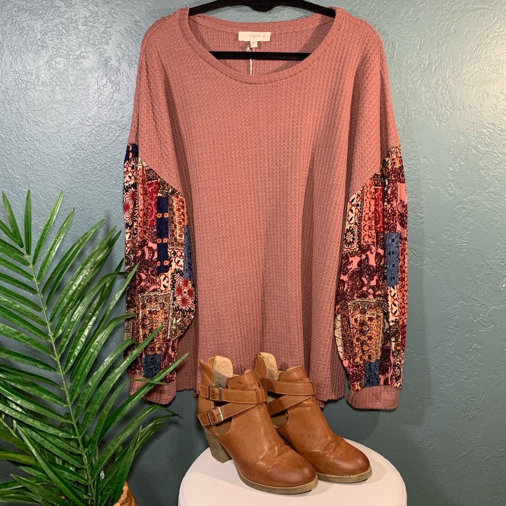 Umgee NWOT Long Sleeve Multi-print Boho Waffle Top